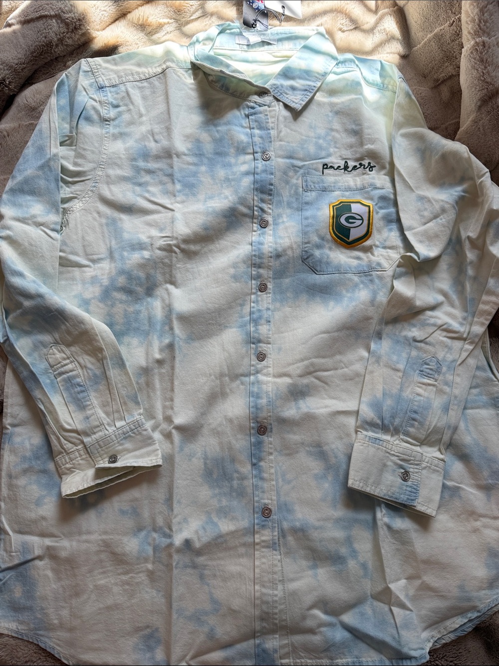 Green Bay Packers Tie-Dye Button Down Shirt - Light Blue/White